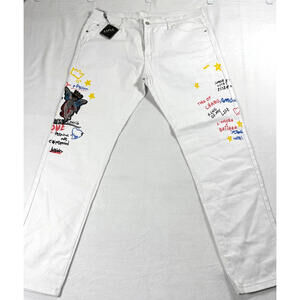 Mens White Graphic Jeans Size 38 Slim Fit Painted Art Streetwear Y2K Denim NWT